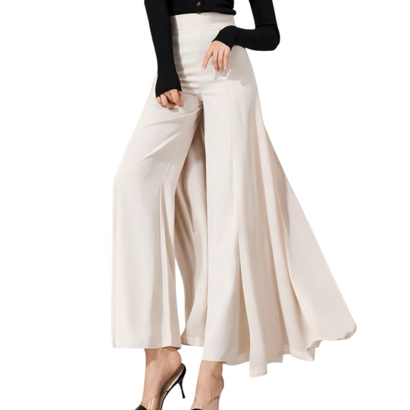 M Signature Label Collection Pants - Creamy Beige Chiffon Panel High Waist Pants The Zakira